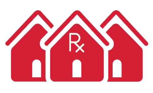 three red houses with an Rx on the middle one